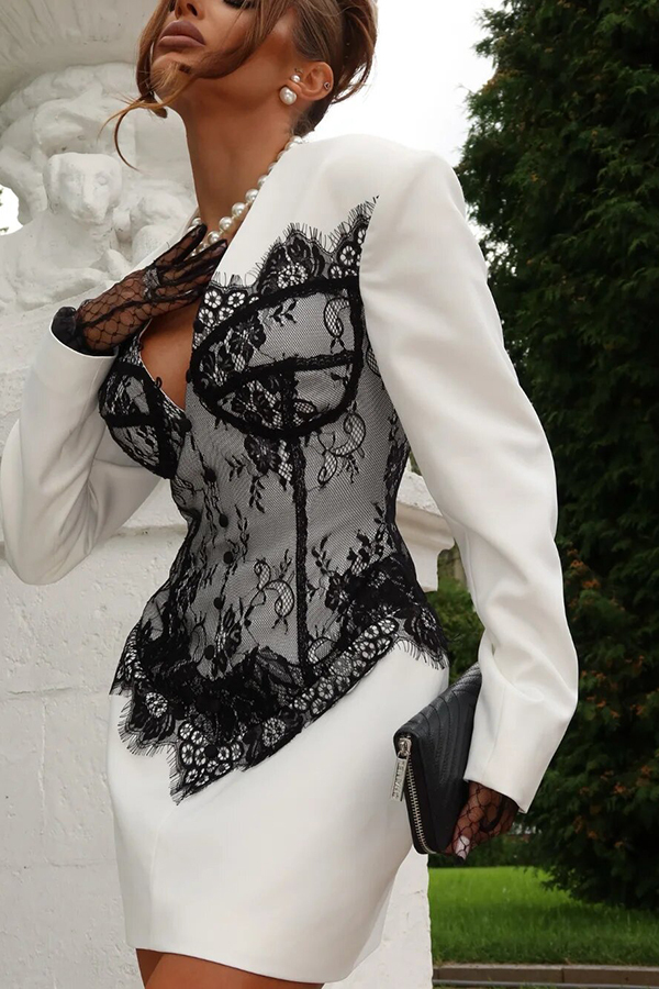 Saela Contrast Lace Corset Design V-neck Long Sleeve Tulip Mini Dress-consonak