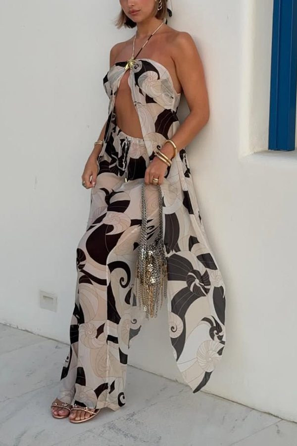 Adrenia Unique Print Metal Starfish Front Slit Halter Tank and Elastic Waist Loose Pants Set-consonak
