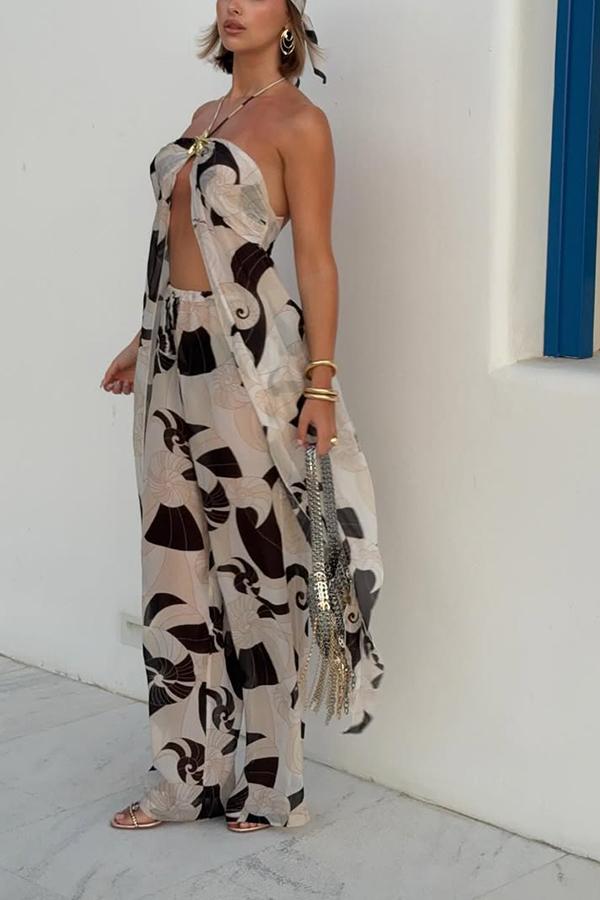 Adrenia Unique Print Metal Starfish Front Slit Halter Tank and Elastic Waist Loose Pants Set-consonak