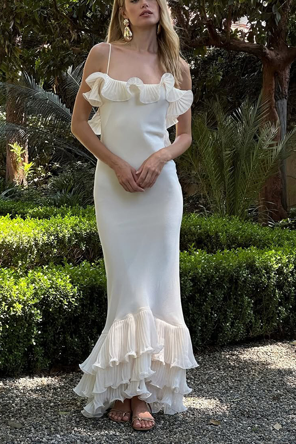 Alisin Pleated Chiffon Wavy Ruffles Trim Slip Maxi Dress-consonak