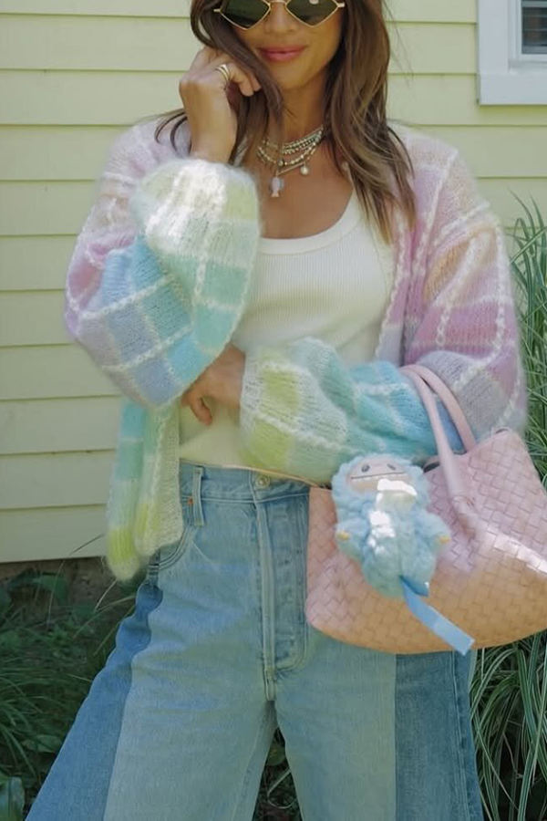 Palette Day Knit Color Blocks Open Front Balloon Sleeve Loose Cardigan-consonak