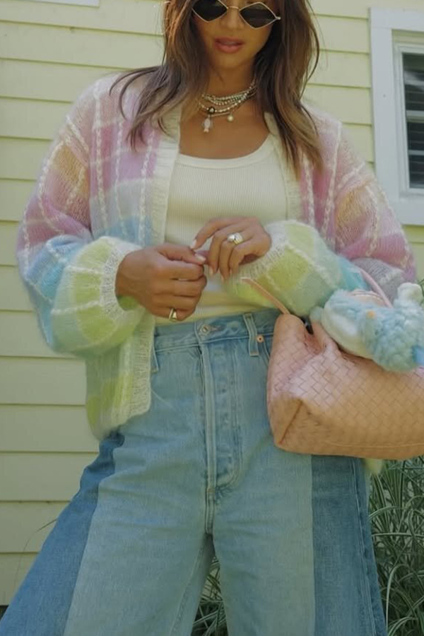 Palette Day Knit Color Blocks Open Front Balloon Sleeve Loose Cardigan-consonak