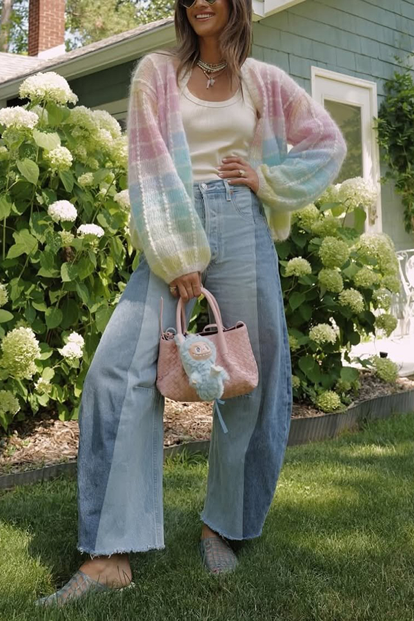 Palette Day Knit Color Blocks Open Front Balloon Sleeve Loose Cardigan-consonak