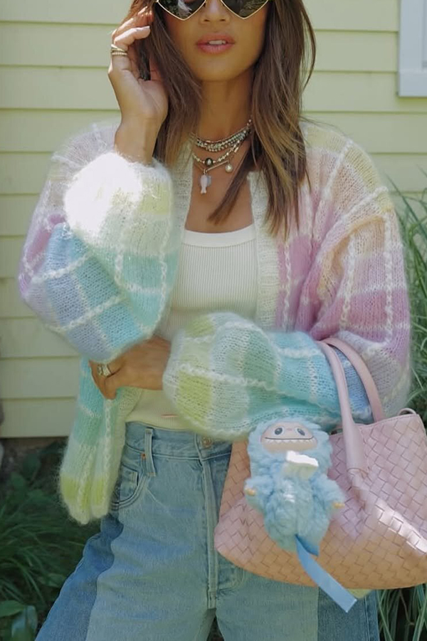 Palette Day Knit Color Blocks Open Front Balloon Sleeve Loose Cardigan-consonak