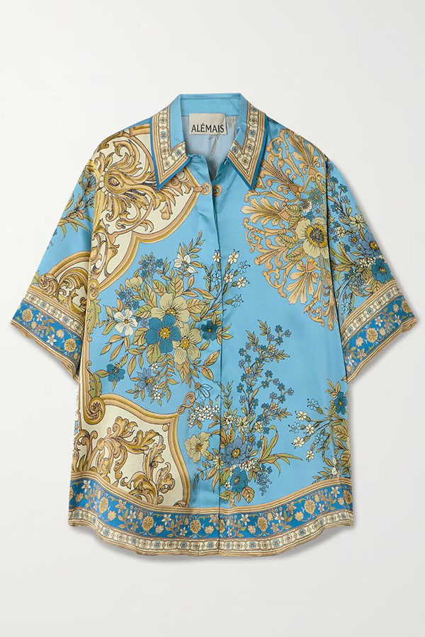 Satin Floral Print Loose Shirt and Elastic Waist Pocket Casual Wide-leg Pants-consonak