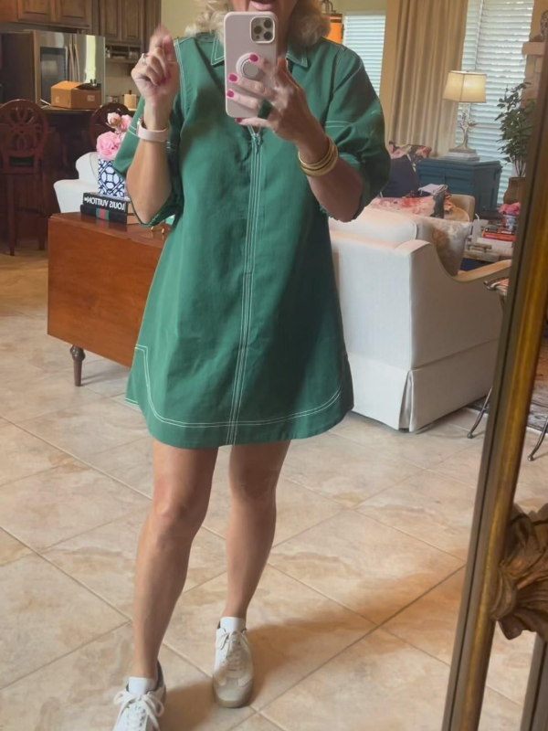 Puff Sleeve Green Mini Short Shirt Dress