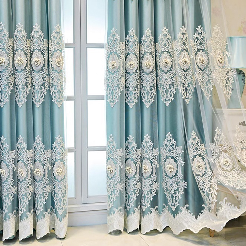 1 piece of perforated European high-end simple fabric and yarn integrated blackout double-layer curtain, embossed embroidered fabric curtain finished for living room, bedroom