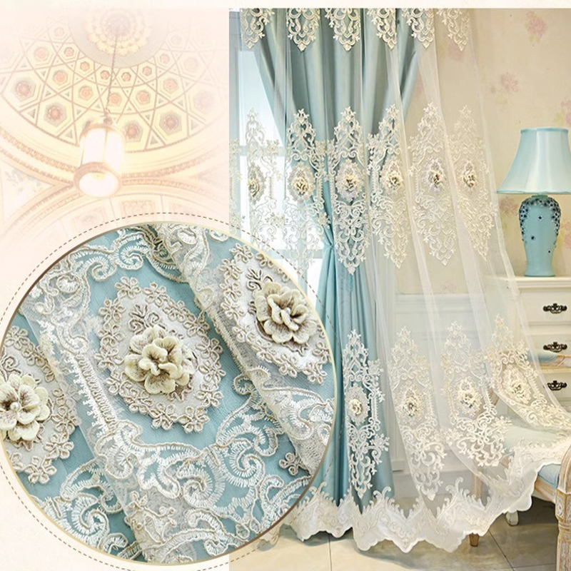 1 piece of perforated European high-end simple fabric and yarn integrated blackout double-layer curtain, embossed embroidered fabric curtain finished for living room, bedroom