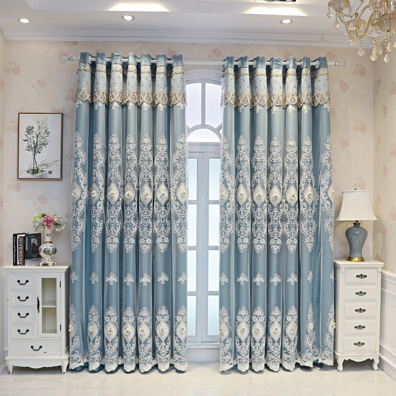 1 piece of blue European style fabric double layered curtain, new high blackout curtain with relief embroidery technology, suitable for various room types such as bedrooms and balconies