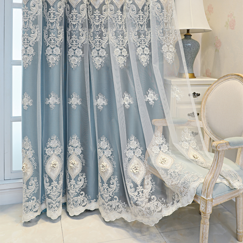 1 piece of blue European style fabric double layered curtain, new high blackout curtain with relief embroidery technology, suitable for various room types such as bedrooms and balconies