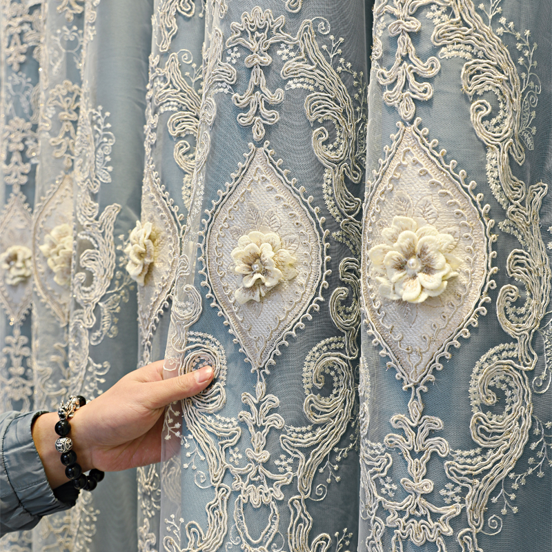 1 piece of blue European style fabric double layered curtain, new high blackout curtain with relief embroidery technology, suitable for various room types such as bedrooms and balconies