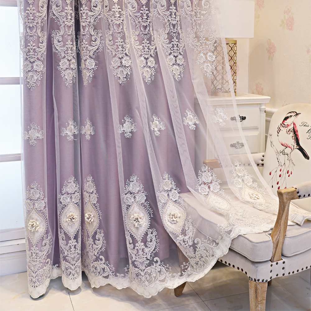1 piece of European double-layer thick purple curtain for shading, high-end fabric and yarn integrated product, living room, bedroom customized relief embroidery