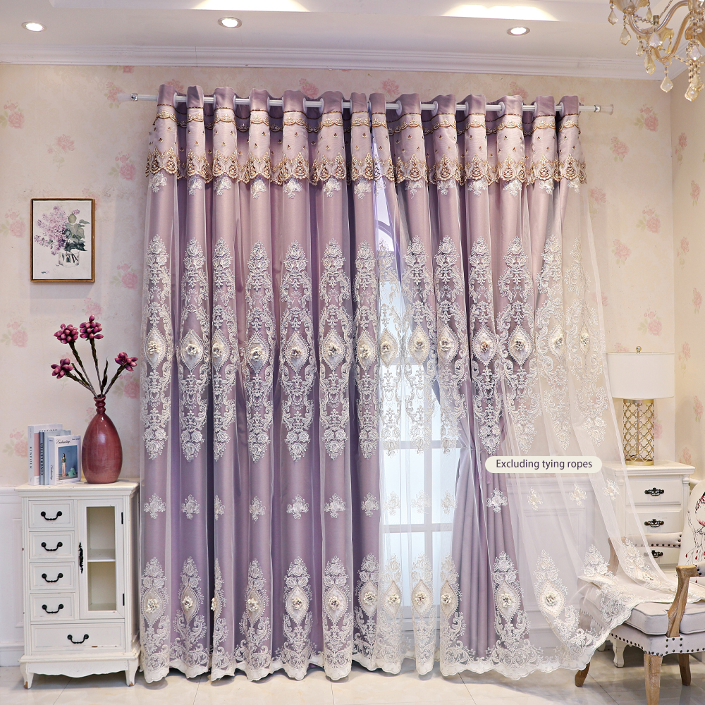 1 piece of European double-layer thick purple curtain for shading, high-end fabric and yarn integrated product, living room, bedroom customized relief embroidery