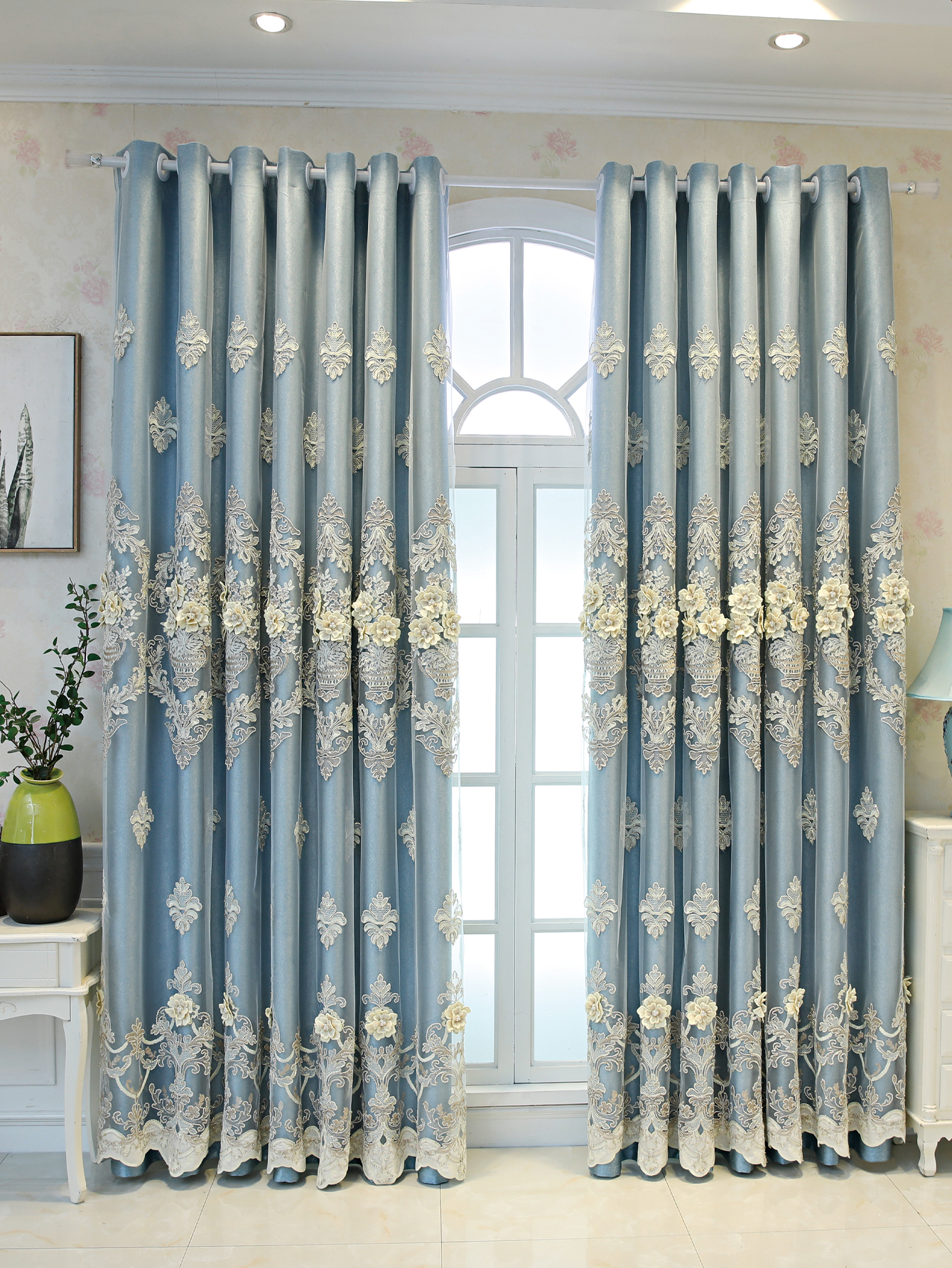 1 piece of European style blue high-end relief embroidered window screen, finished fabric screen integrated, simple living room, bedroom, double-layer blackout curtain