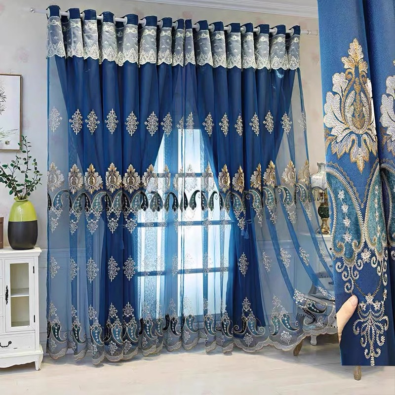 1 perforated European double-layer curtain fabric integrated bedroom embroidery living room blackout light luxury 2025 new product high-end