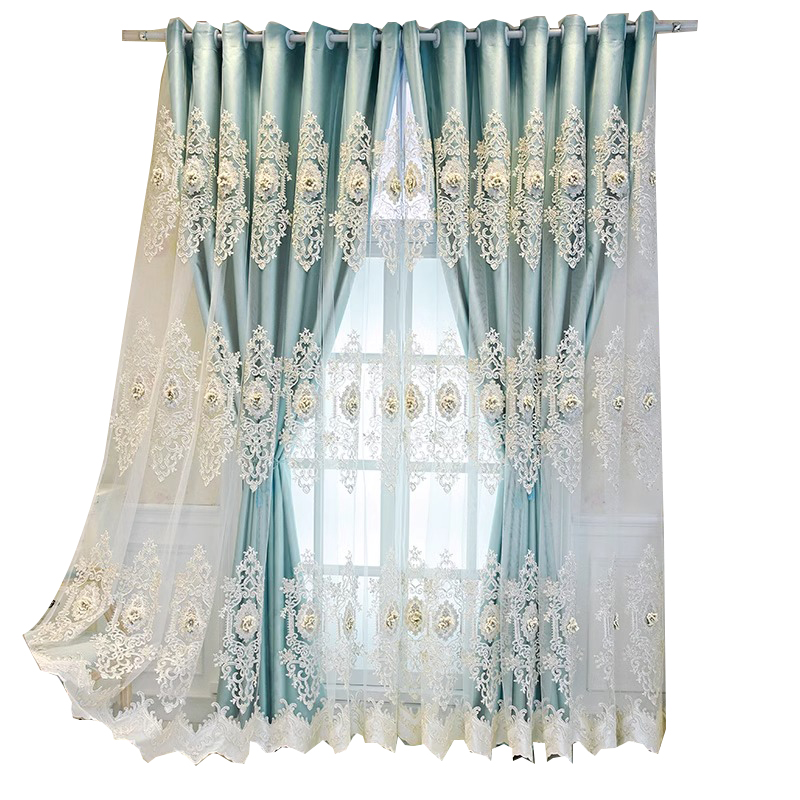 1 piece of perforated European high-end simple fabric and yarn integrated blackout double-layer curtain, embossed embroidered fabric curtain finished for living room, bedroom