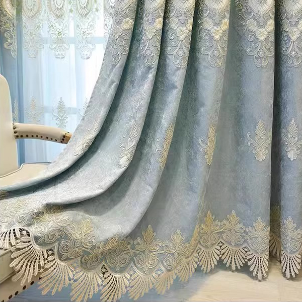 1 light blue embroidered curtain, European high-end atmospheric chenille embroidered curtain, living room bedroom floor-to-ceiling window thickened curtain finished product