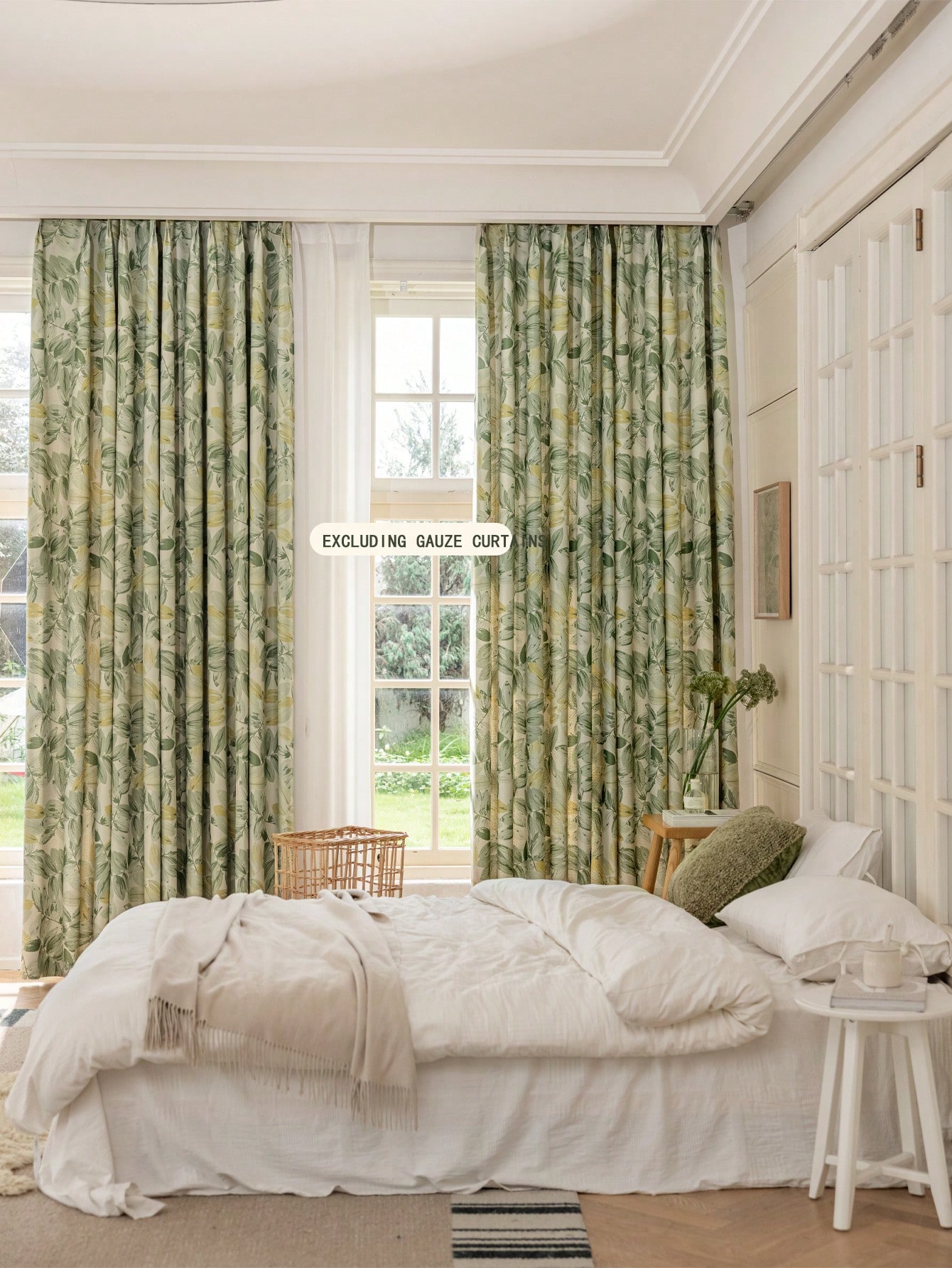 1 perforated French green leaf curtain, polyester fiber printed single-sided blackout curtain, suitable for bedroom, living room and other room types