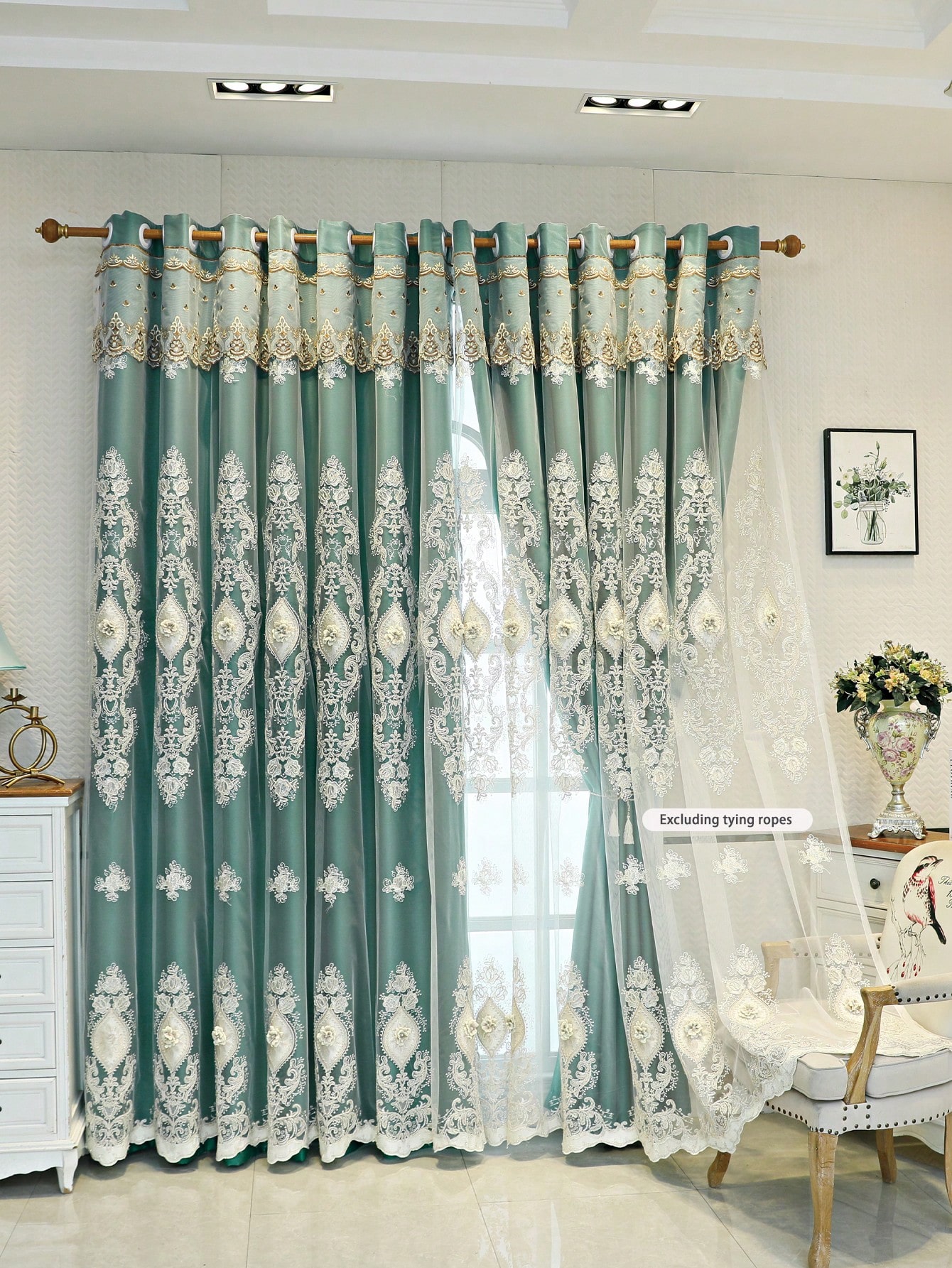 1 piece of European green curtain with high shading fabric and yarn integrated finished product, living room, bedroom, embossed embroidered curtain