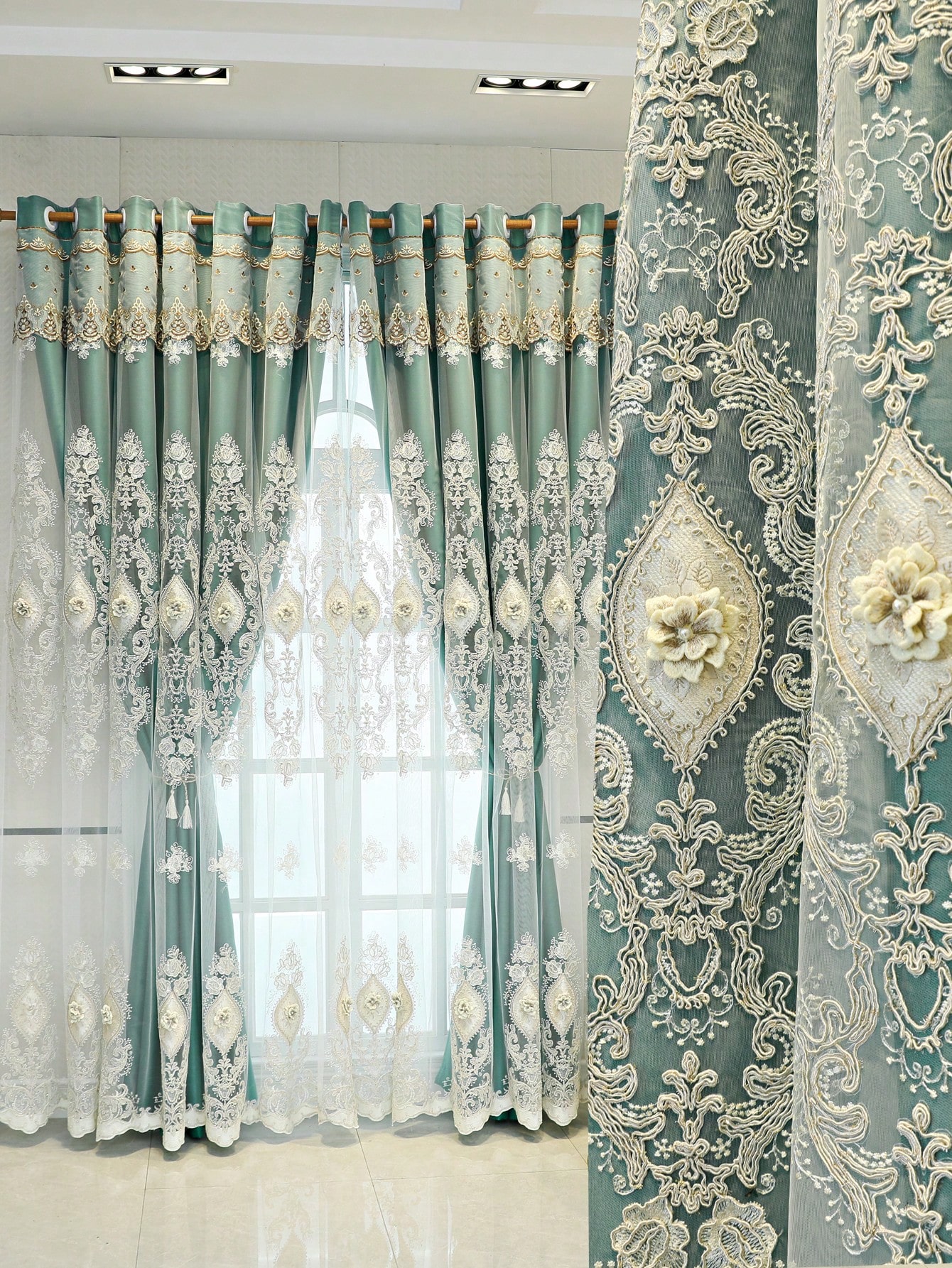 1 piece of European green curtain with high shading fabric and yarn integrated finished product, living room, bedroom, embossed embroidered curtain