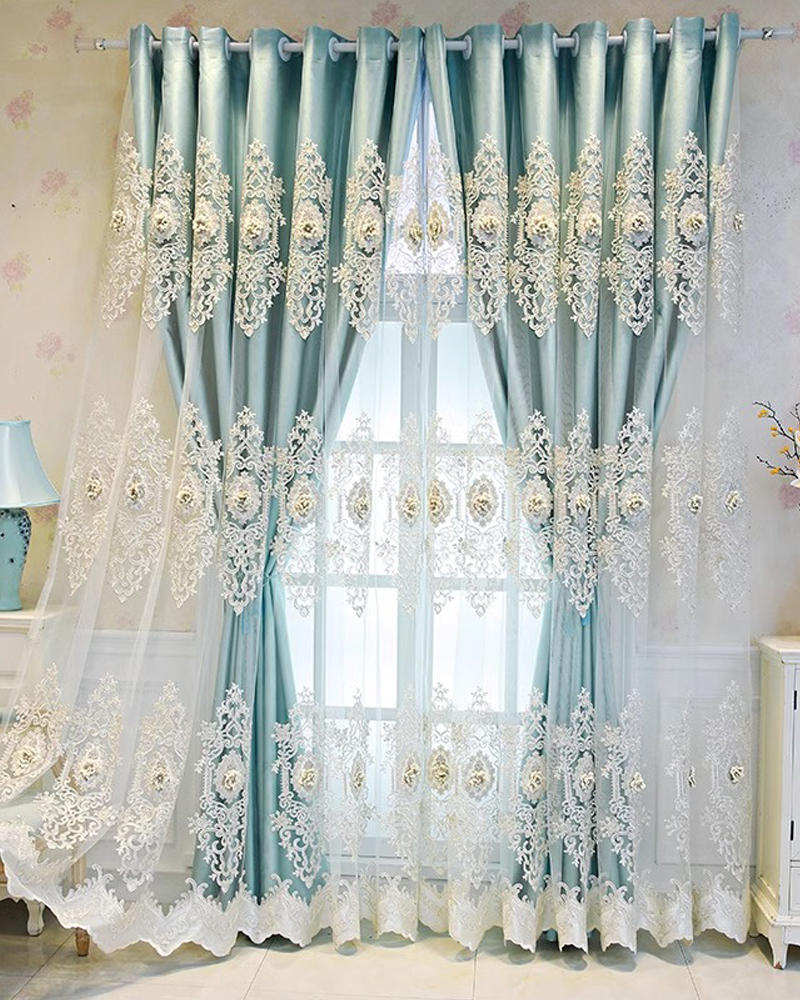 1 piece of perforated European high-end simple fabric and yarn integrated blackout double-layer curtain, embossed embroidered fabric curtain finished for living room, bedroom