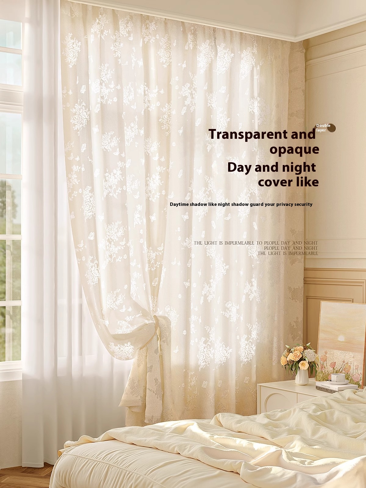 new French style light luxury high-end gauze curtain, translucent and non transparent, decorative for living room, bedroom, balcony, bay window, blackout curtain, Punching style