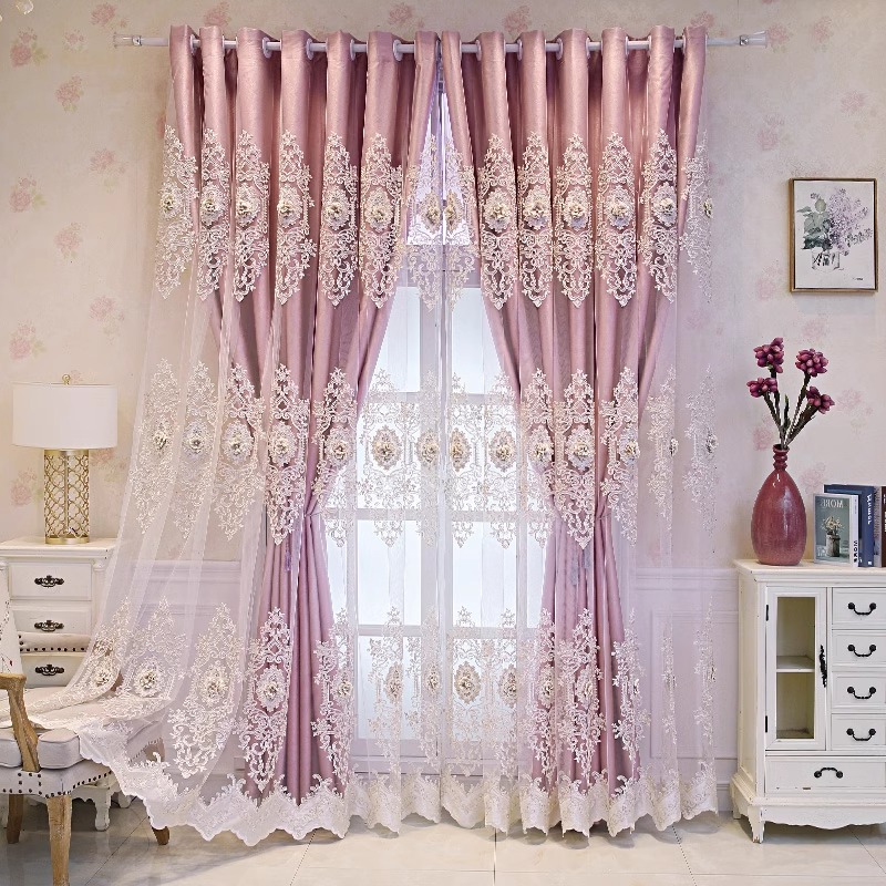 1 piece of perforated European high-end simple fabric and yarn integrated blackout double-layer curtain, embossed embroidered fabric curtain finished for living room, bedroom