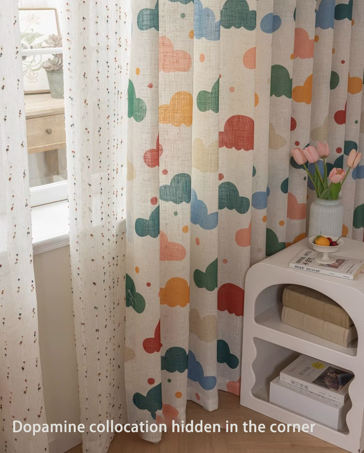 1 piece of Korean dopamine colored cloud window screen for bedroom, living room, children's room cartoon, translucent and non transparent window screen