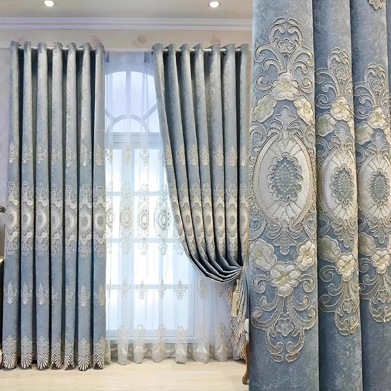 1 light blue embroidered curtain, European high-end atmospheric chenille embroidered curtain, living room bedroom floor-to-ceiling window thickened curtain finished product