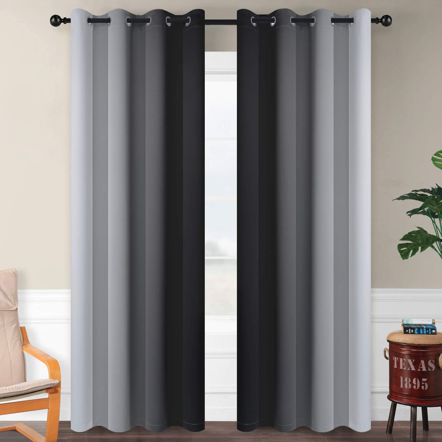 SimpleHome Ombre Room Darkening Curtains for Bedroom, Gradient Black to Grey White Light Blocking Thermal Insulated Grommet Window Curtain/Drapes for Living Room,2 Panels, 52x84 inches Length