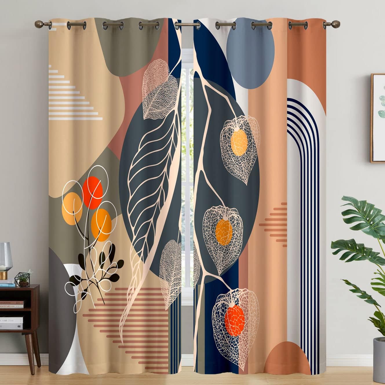 Blackout Curtains Bohemian 84 inch Length Orange Window Curtains,Fall Bstract Geometric Aesthetic Noise Reduction Curtains 2 Panel Set, Curtains for Bedroom Living Room, 104 Inch Wide (G362,84Inch)