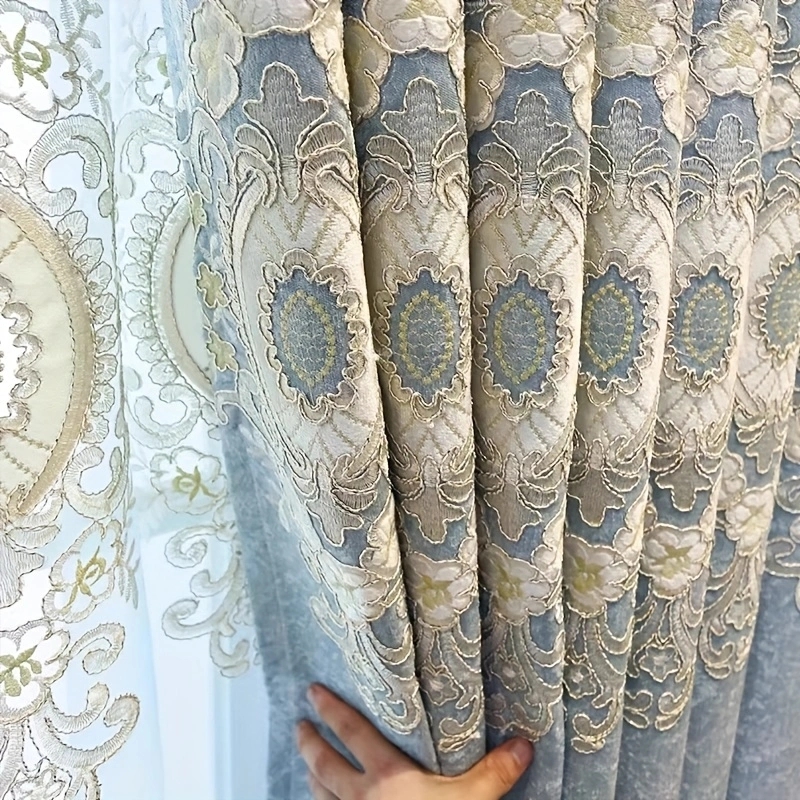 1 light blue embroidered curtain, European high-end atmospheric chenille embroidered curtain, living room bedroom floor-to-ceiling window thickened curtain finished product