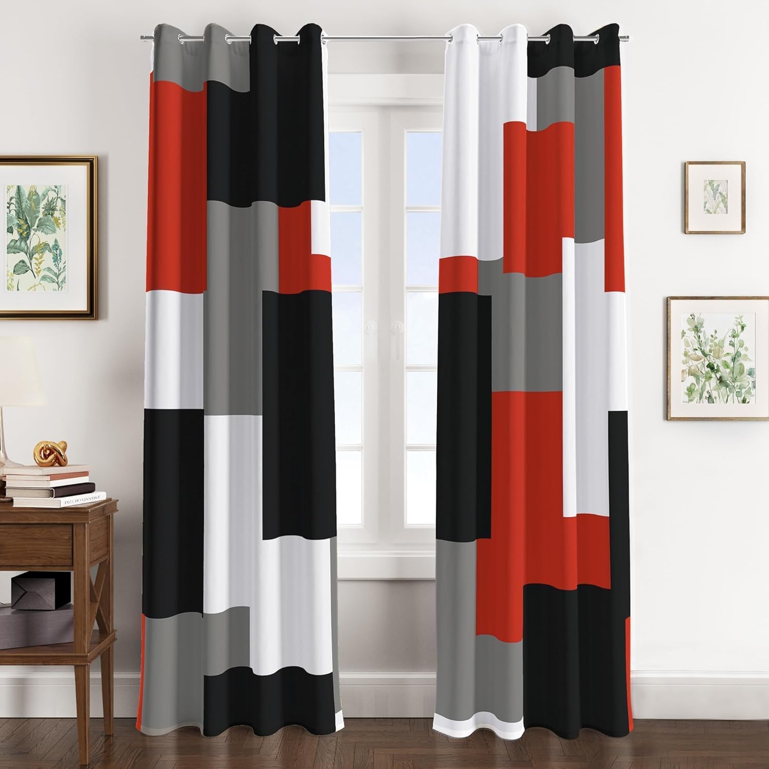 Red Black 100% Blackout Curtains for Bedroom 84 inch Length 2 Panels Set White Grey Abstract Geometric Black Out Curtains Thermal Insulated Room Darkening Window Drapes for Living Room, 52Wx84L