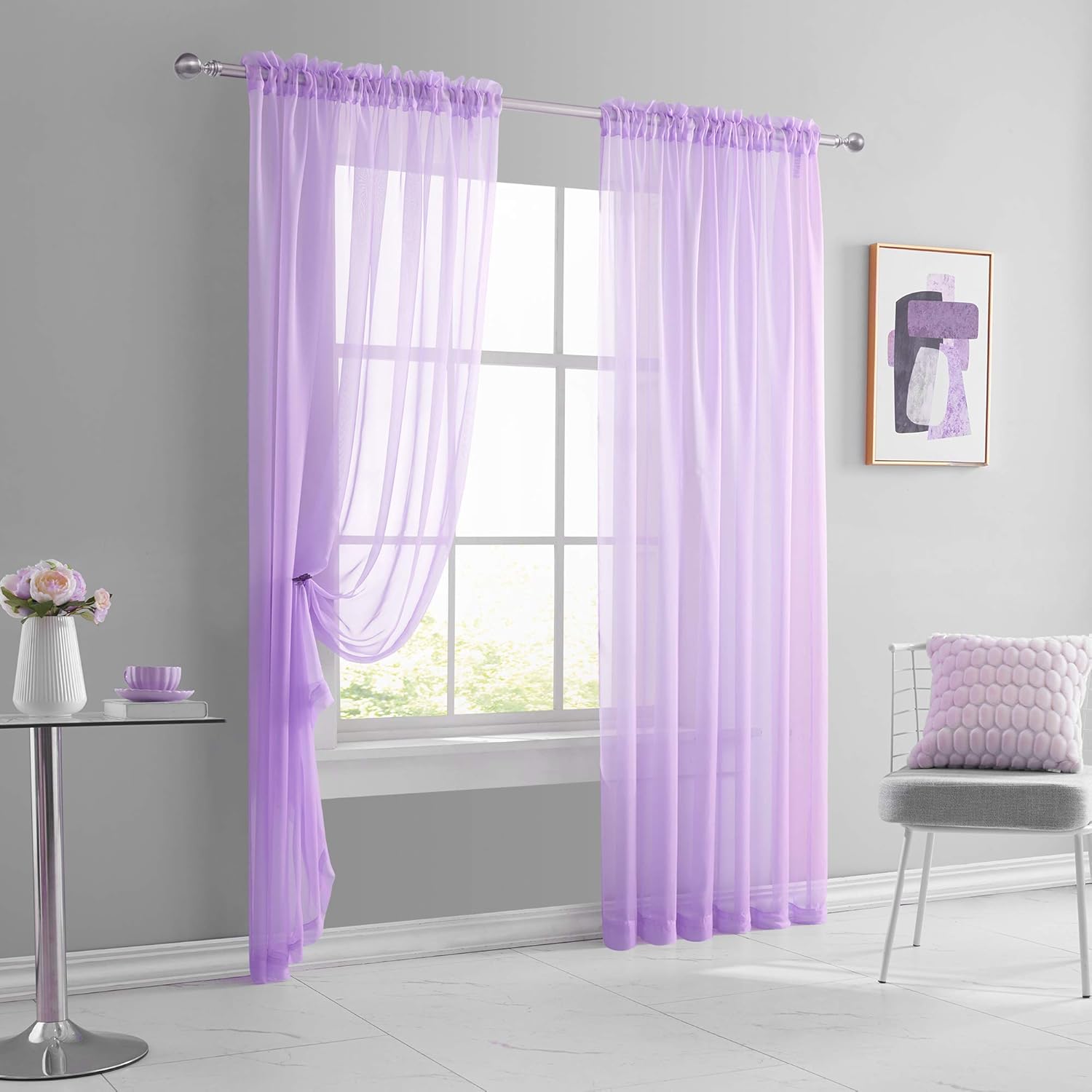KEQIAOSUOCAI 2 Pack Rod Pocket Kids Room Sheer Light Purple Curtains Lilac Lavender Transparent Sheer Voile Panels for Bedroom Living Room Wedding Party Backdrop Each is 52W x 84L
