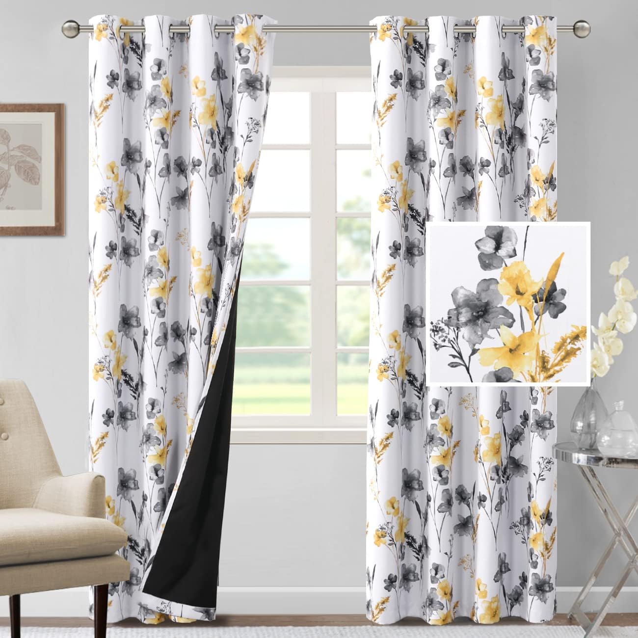 H.VERSAILTEX 100% Blackout Curtains 84 inch Length 2 Panels Set Cattleya Floral Printed Drapes Leah Floral Thermal Curtains for Bedroom with Black Liner Sound Proof Curtains, Grey and Yellow