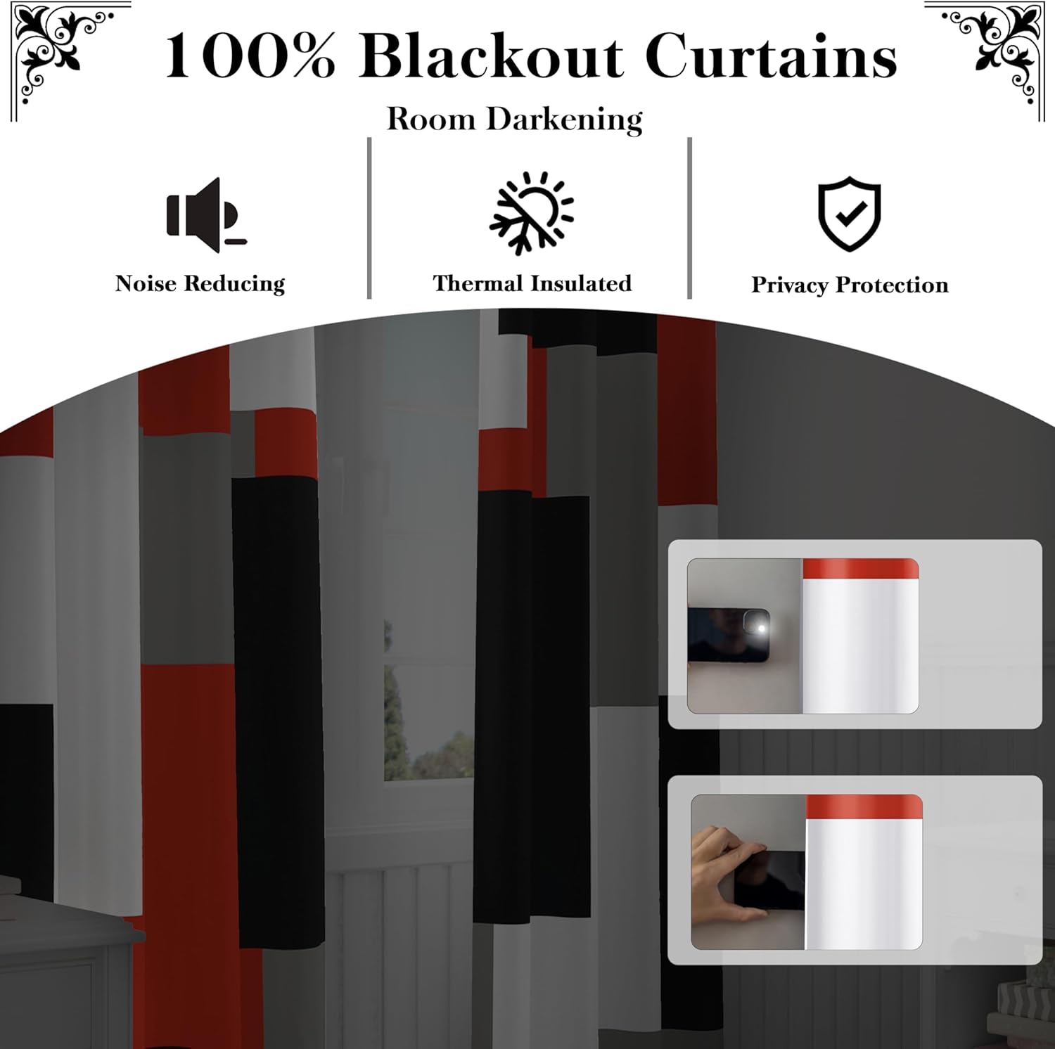 Red Black 100% Blackout Curtains for Bedroom 84 inch Length 2 Panels Set White Grey Abstract Geometric Black Out Curtains Thermal Insulated Room Darkening Window Drapes for Living Room, 52Wx84L
