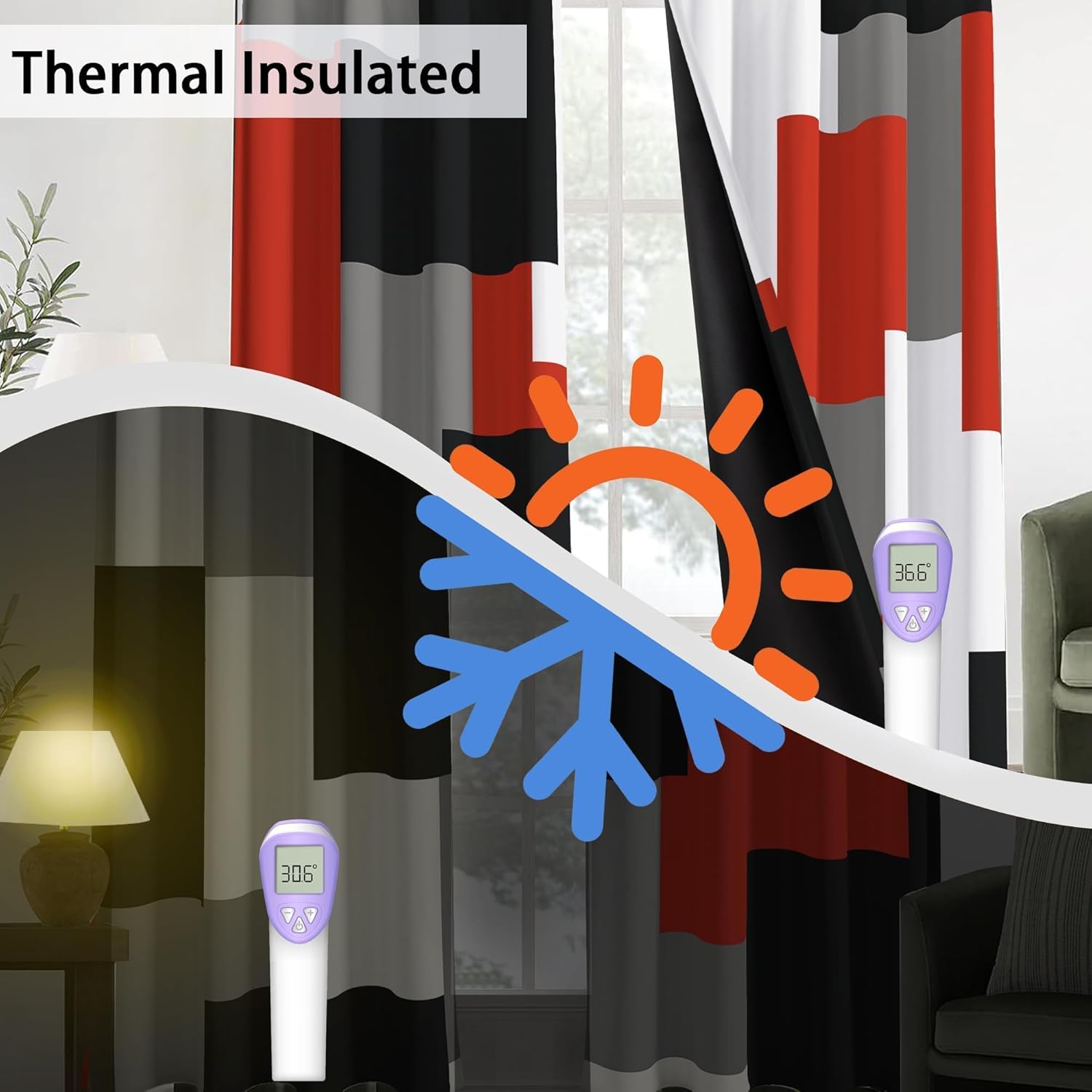 Red Black 100% Blackout Curtains for Bedroom 84 inch Length 2 Panels Set White Grey Abstract Geometric Black Out Curtains Thermal Insulated Room Darkening Window Drapes for Living Room, 52Wx84L