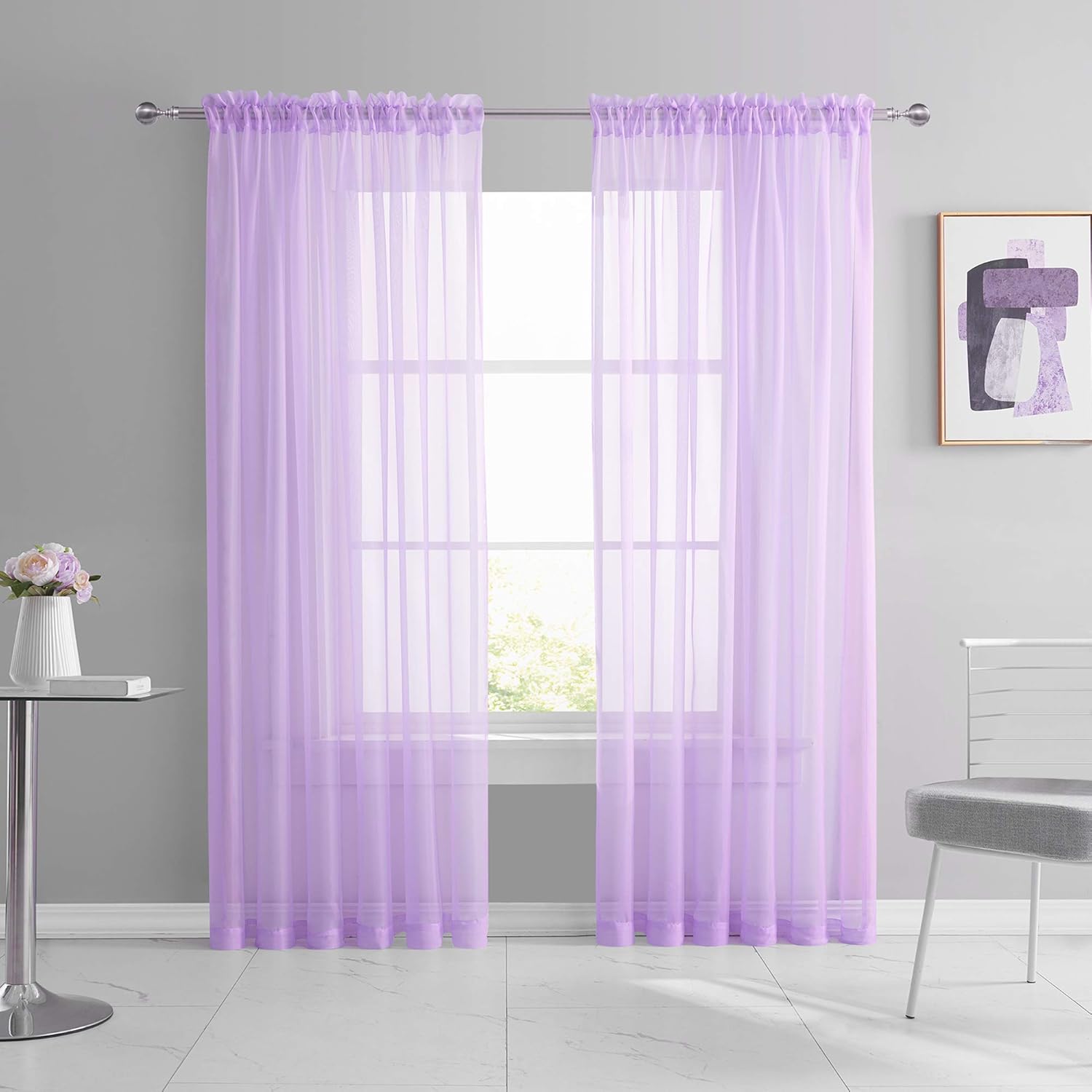 KEQIAOSUOCAI 2 Pack Rod Pocket Kids Room Sheer Light Purple Curtains Lilac Lavender Transparent Sheer Voile Panels for Bedroom Living Room Wedding Party Backdrop Each is 52W x 84L