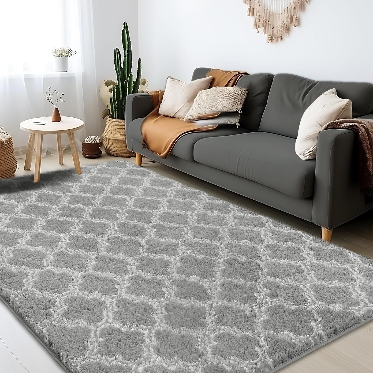 4x5.8 Plush Area Rug, High Pile Rugs for Living Room, Ultra Soft Indoor Carpet for Bedroom, Kids Room, Playroom, Home Decor, Geometric, Light Grey/White 