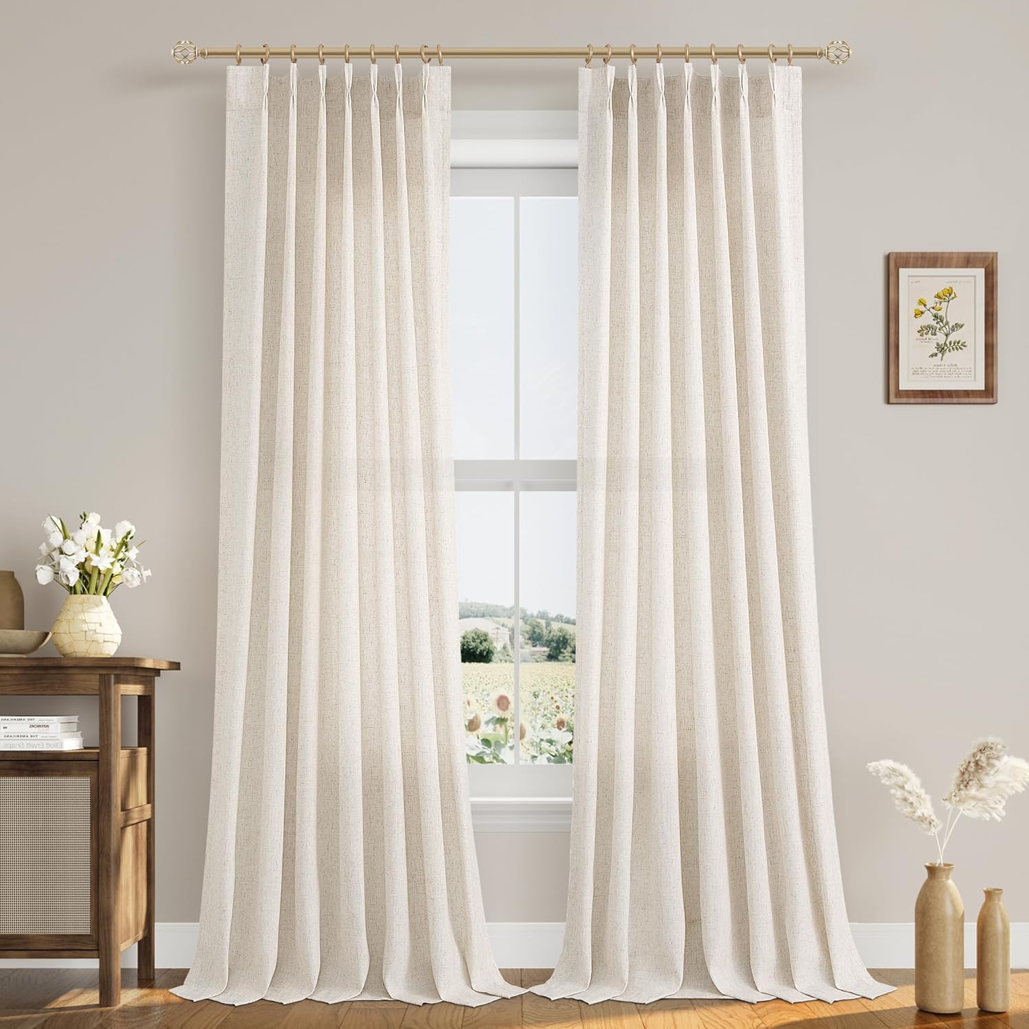 Pinch Pleated 90 Inch Curtains 2 Panels for Living Room Cream Beige Linen Curtains 90 Inches Long Pinch Pleat Drapes for Track System Light Filtering Semi Sheer Curtains for Dining Bedroom Office