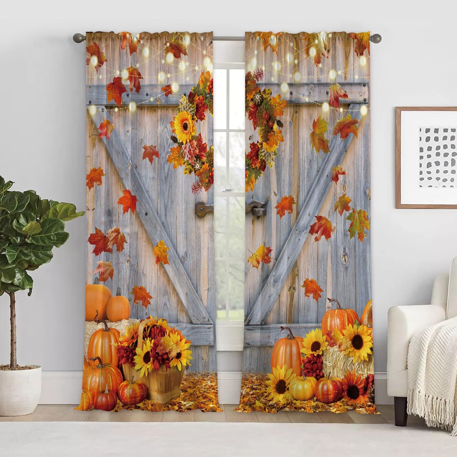 82" Wx 84" L Fall Thanksgiving Curtain Autumn Rustic Barn Wooden Door Pumpkin Window Curtains for Home Bedroom Living Room Decor Decorations with Fabric Machine Washable
