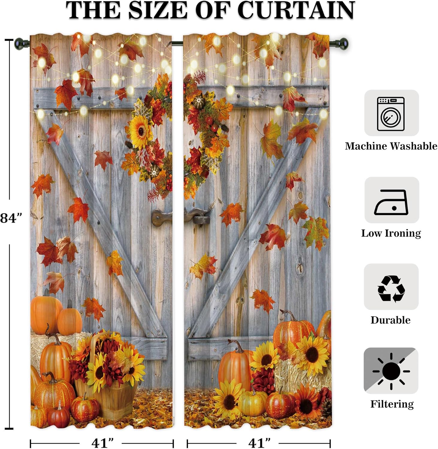 82" Wx 84" L Fall Thanksgiving Curtain Autumn Rustic Barn Wooden Door Pumpkin Window Curtains for Home Bedroom Living Room Decor Decorations with Fabric Machine Washable