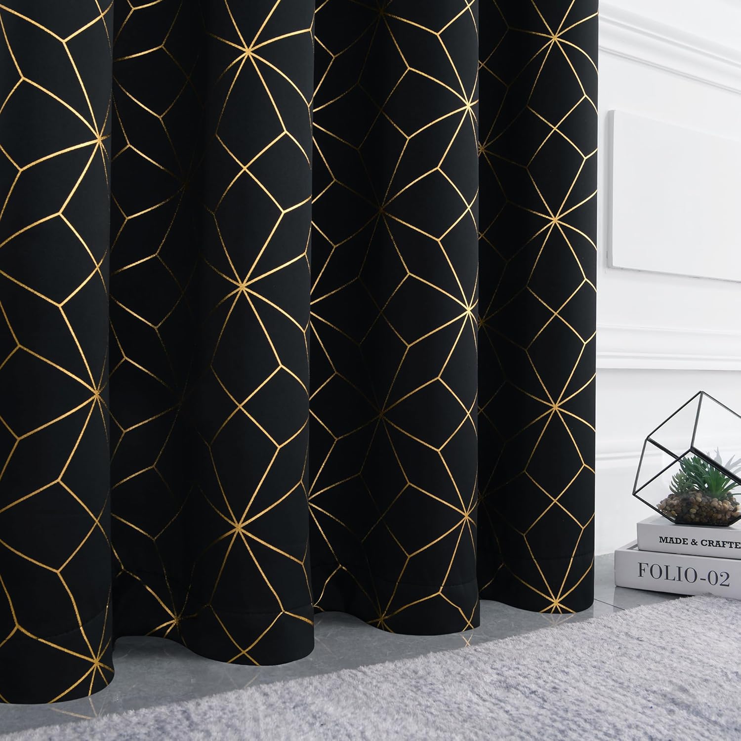 Beauoop 100% Blackout Curtains 84 Inches Long for Bedroom Living Room Moroccan Gold Patterned Drapes Thermal Insulated Grommet Top Window Treatment Panels Set of 2, Black/Gold