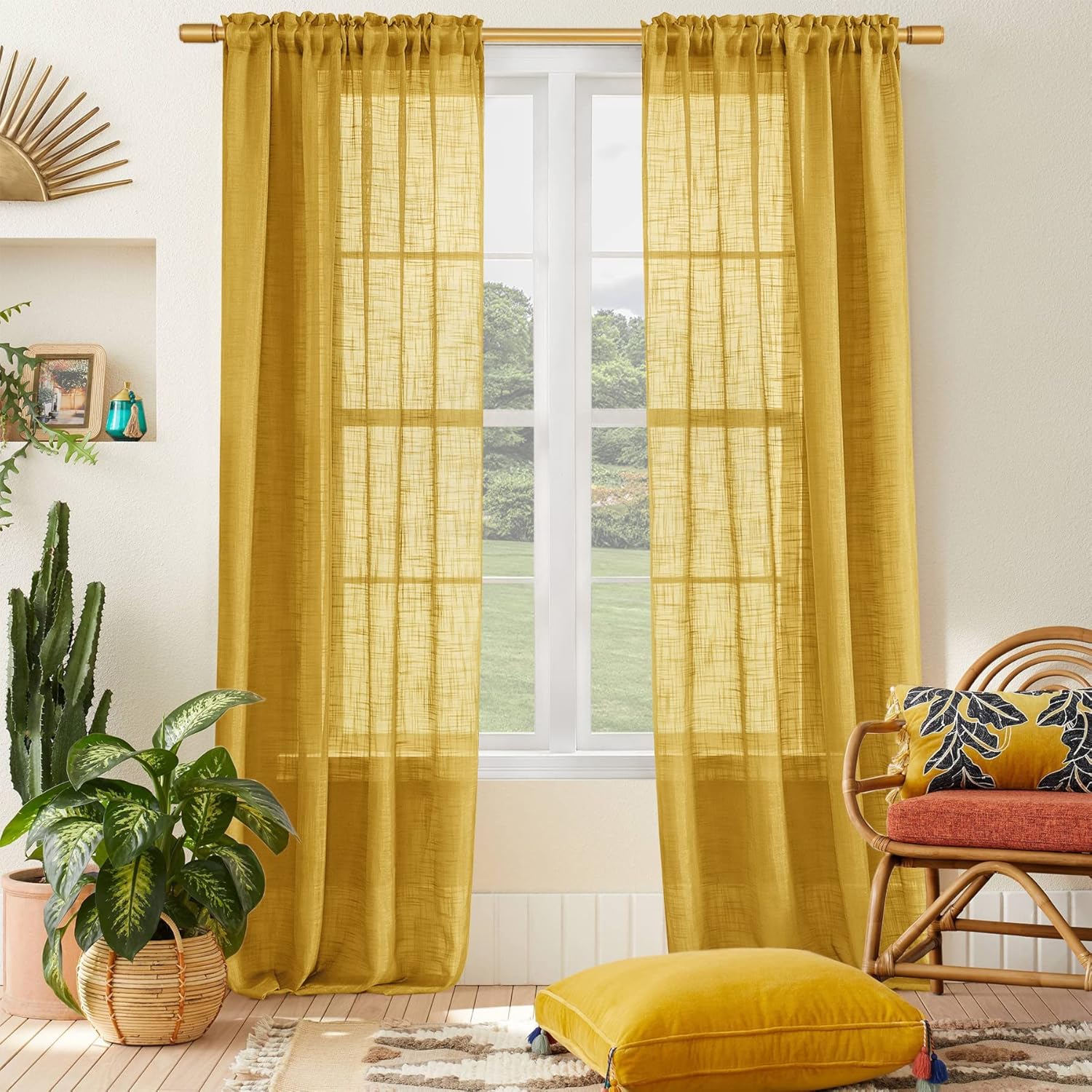 SHINELAND 96 Inch Long Retro Curtains Drapes for Living Room 2 Panel Set,Mid Century Modern Funky Light Filtering Semi Sheer Window Panel Curtain,Gold Mustard Yellow