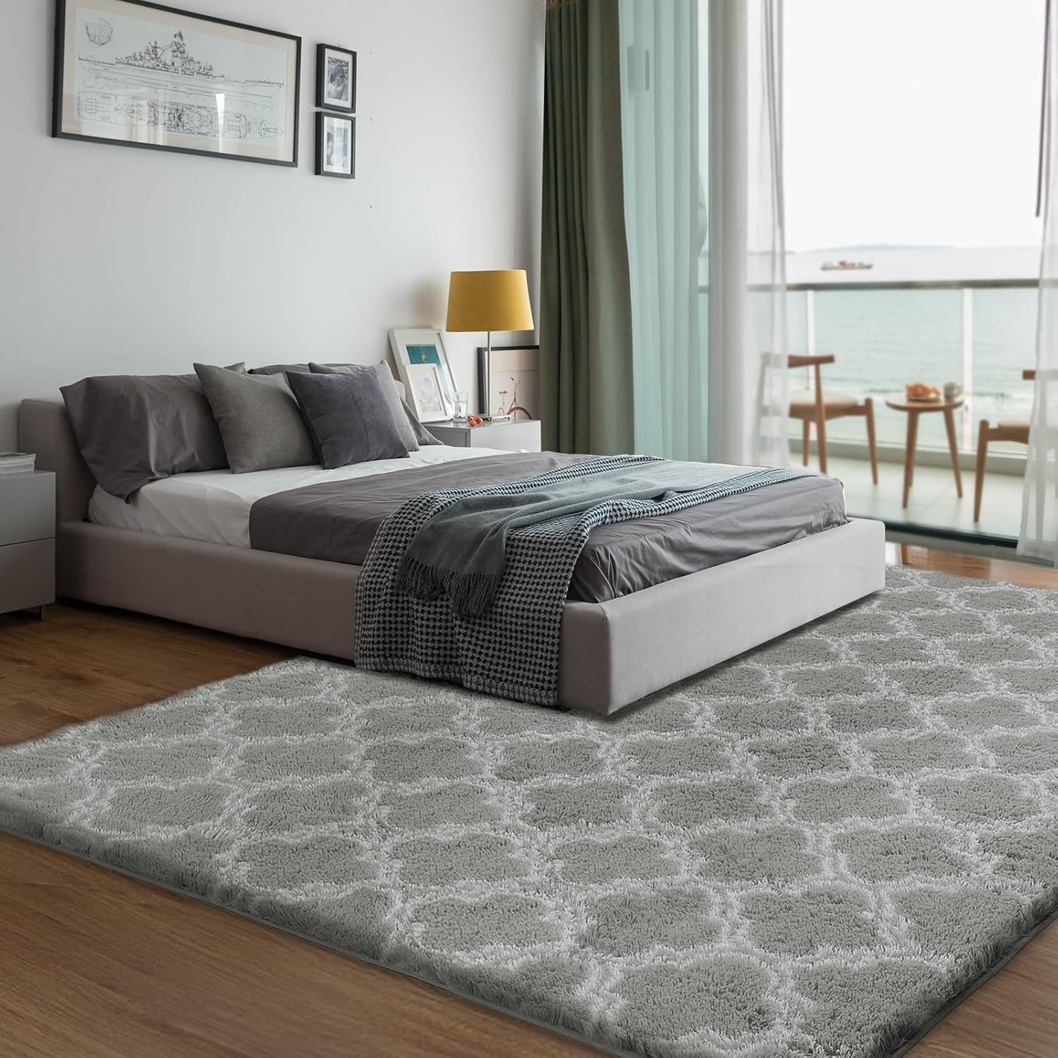 4x5.8 Plush Area Rug, High Pile Rugs for Living Room, Ultra Soft Indoor Carpet for Bedroom, Kids Room, Playroom, Home Decor, Geometric, Light Grey/White