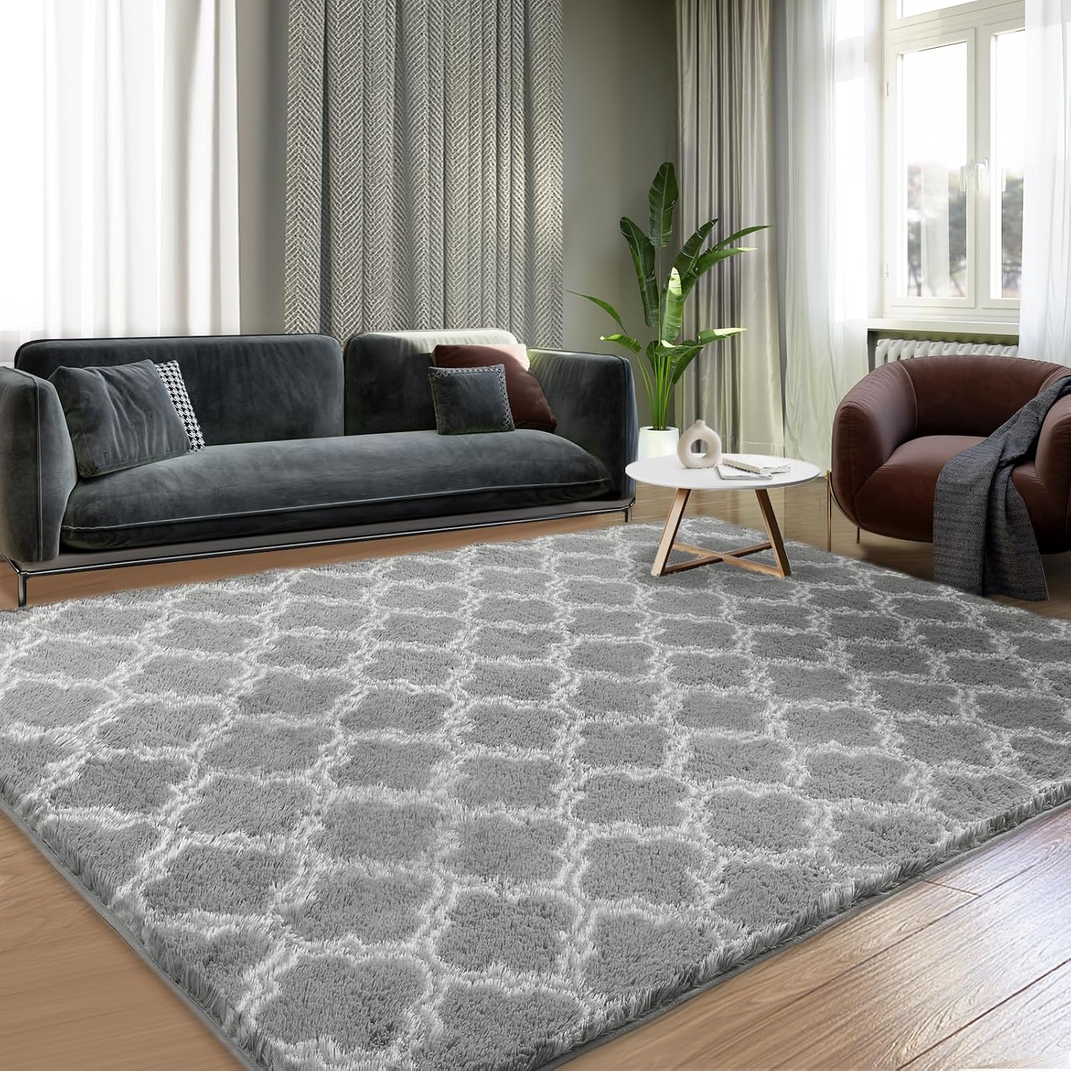 4x5.8 Plush Area Rug, High Pile Rugs for Living Room, Ultra Soft Indoor Carpet for Bedroom, Kids Room, Playroom, Home Decor, Geometric, Light Grey/White