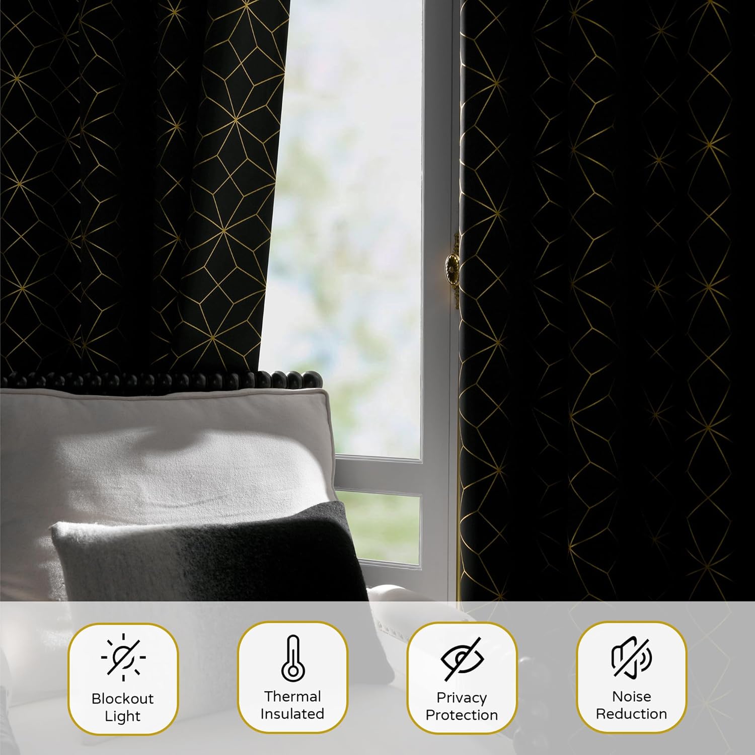 Beauoop 100% Blackout Curtains 84 Inches Long for Bedroom Living Room Moroccan Gold Patterned Drapes Thermal Insulated Grommet Top Window Treatment Panels Set of 2, Black/Gold