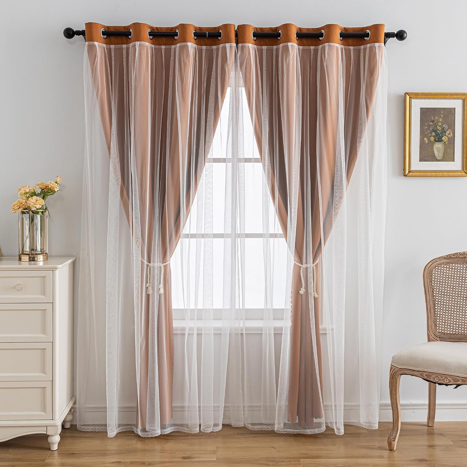 Anytime Home Curtains Blackout and Sheer Layered Solid Window Curtain Panel Pair with Grommet Top, 52Wx84L,Orange