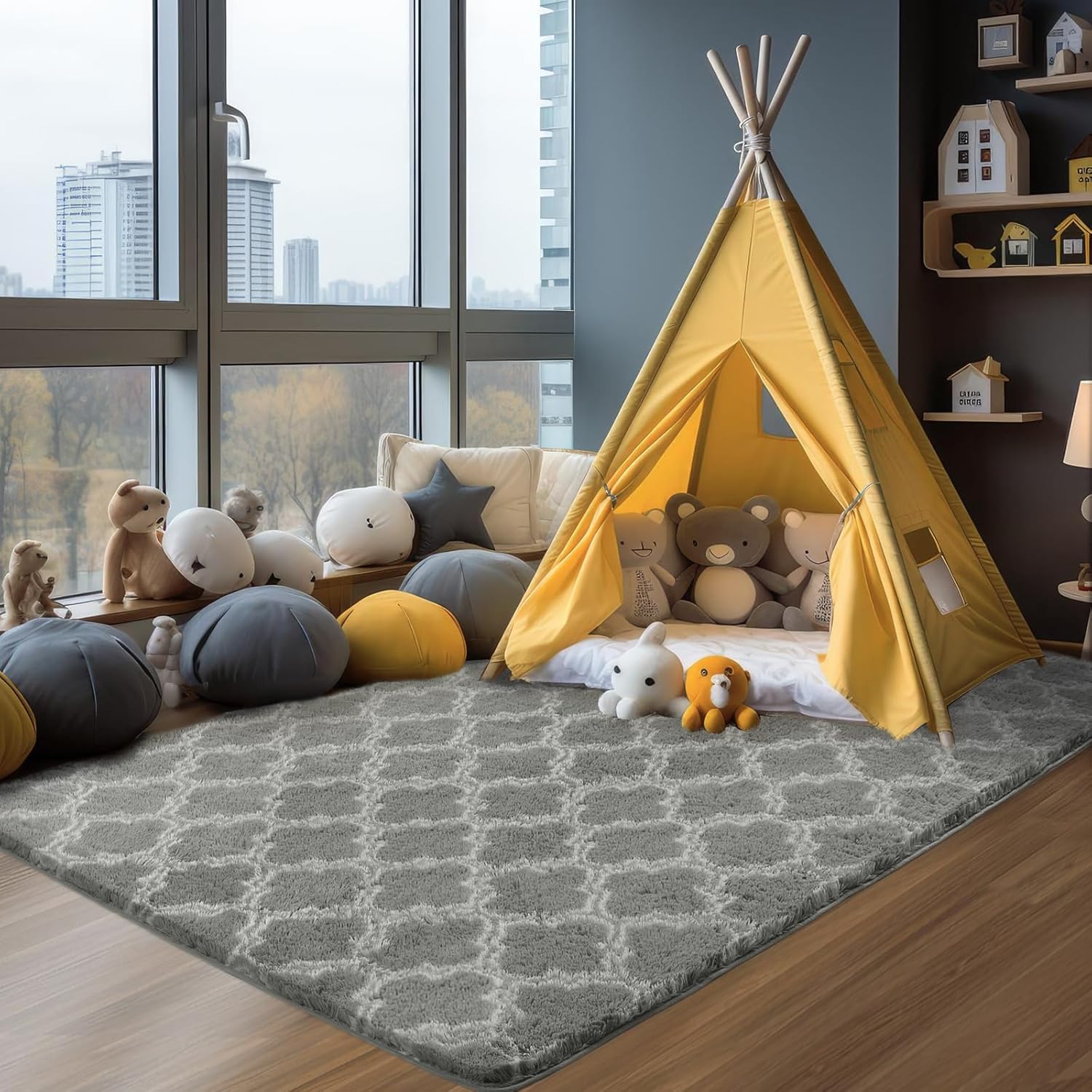 4x5.8 Plush Area Rug, High Pile Rugs for Living Room, Ultra Soft Indoor Carpet for Bedroom, Kids Room, Playroom, Home Decor, Geometric, Light Grey/White