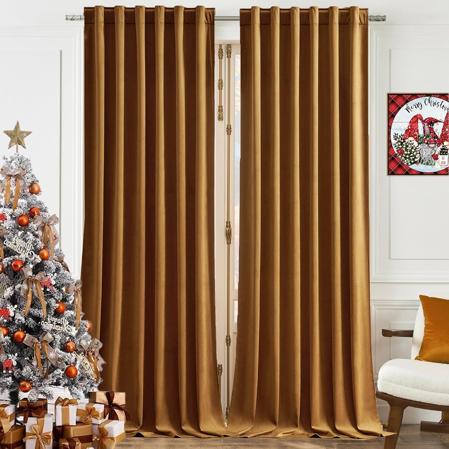 Timeper Velvet Curtains 84 inches - Retro Heavy Gold Blackout Velvet Curtains Drapes with Rod Pocket Back Tab Design Light Blocking Home Decoration for Living Room, Gold Brown, 52Wx 84L, 2 Panels